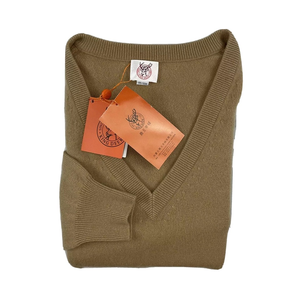 King Deer Mens Pure Cashmere V Neck Sweater Tan Brown Pullover SMC000010 2XL NWT